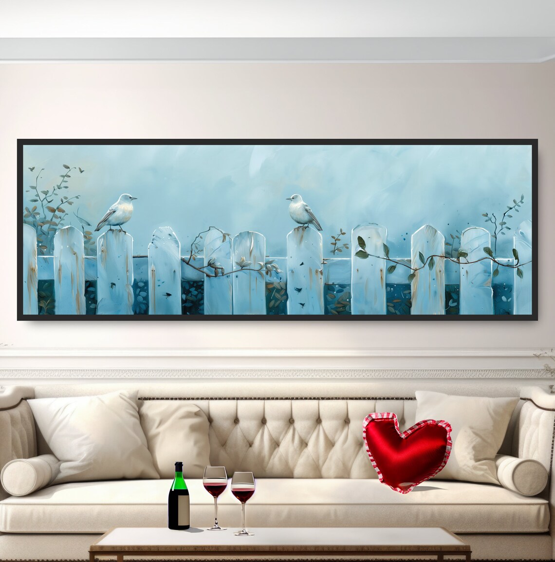 Two White Songbirds on Weathered Blue Picket Fence Watercolor Poster