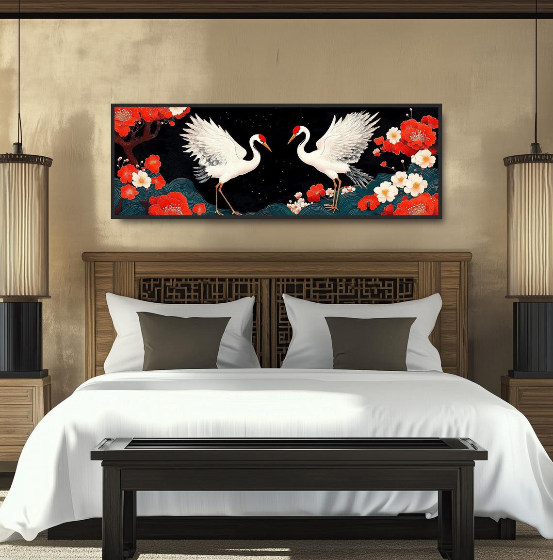 Two White Cranes Starry Night Camellia Flowers Japanese Art Print - Image 4