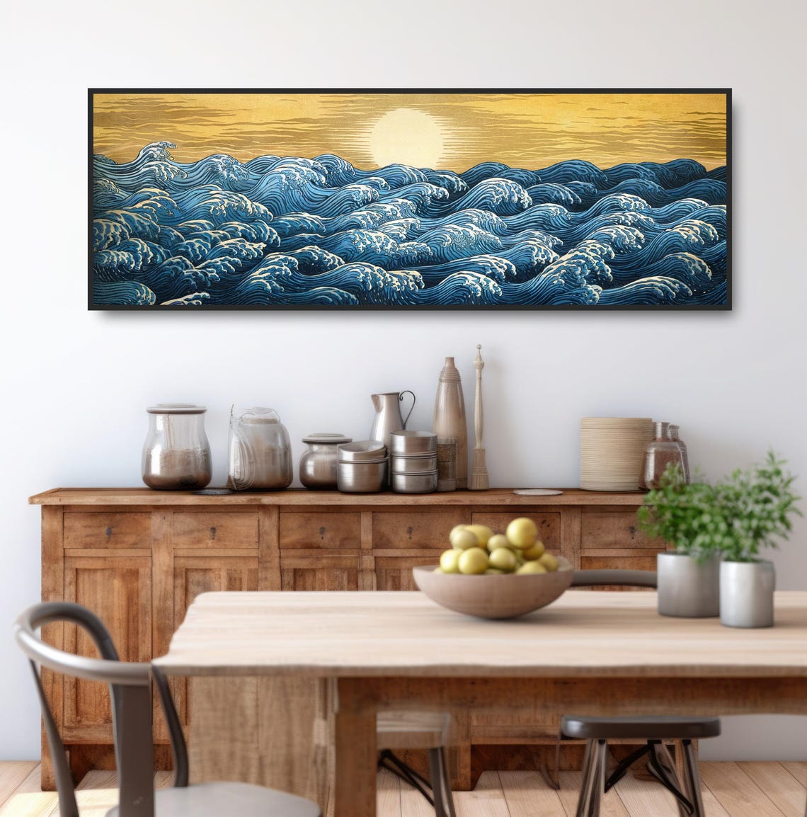 Golden Sun Rising Ocean Waves Japanese Ukiyo E Blue Seascape Poster - Image 3