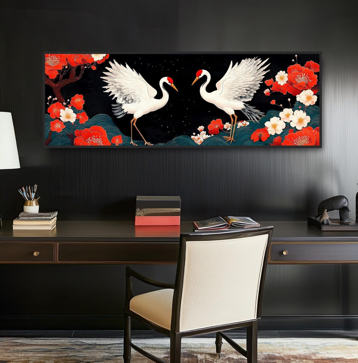 Two White Cranes Starry Night Camellia Flowers Japanese Art Print - Image 2