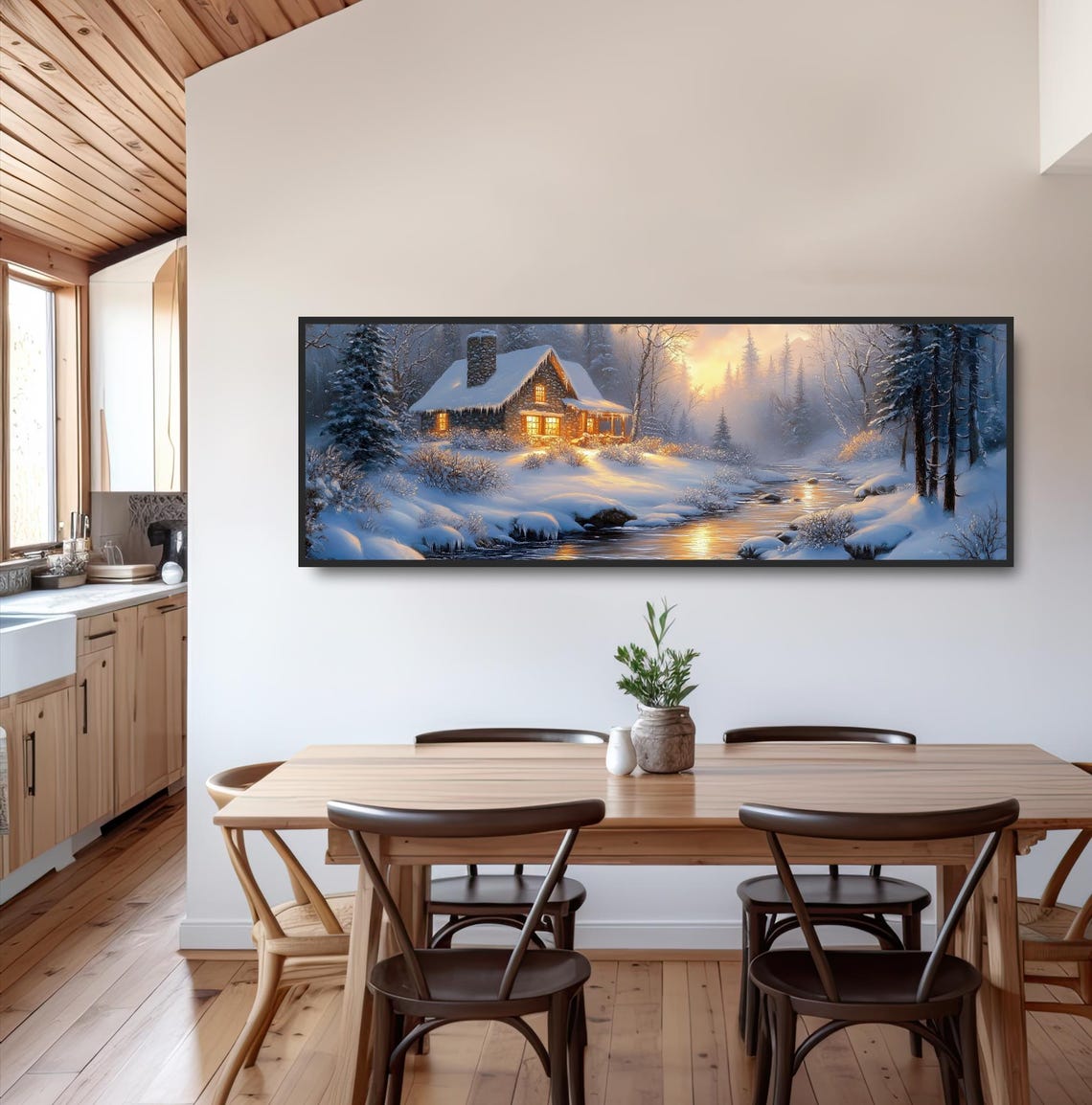 Glowing Winter Stone Cottage Snowy Forest River Landscape Poster - Image 3