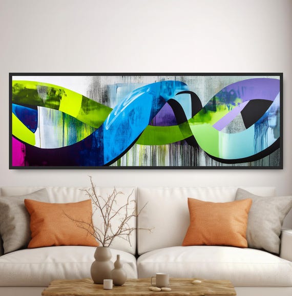 Bold Graffiti Painting Wall Decor Dripping Paint Minimalist Abstract Vibrant Urban Artwork Panoramic Art Neon Green Blue Purple