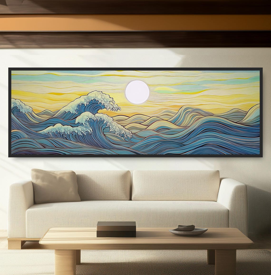 Japanese Ocean Waves Sunrise Art Golden Ukiyo E Seascape Poster
