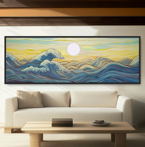 Zen Ocean Sunrise Painting Japanese Wave Art Asian Ukiyo E Seascape Coastal Wall Decor Minimalist Abstract Blue Yellow Nautical