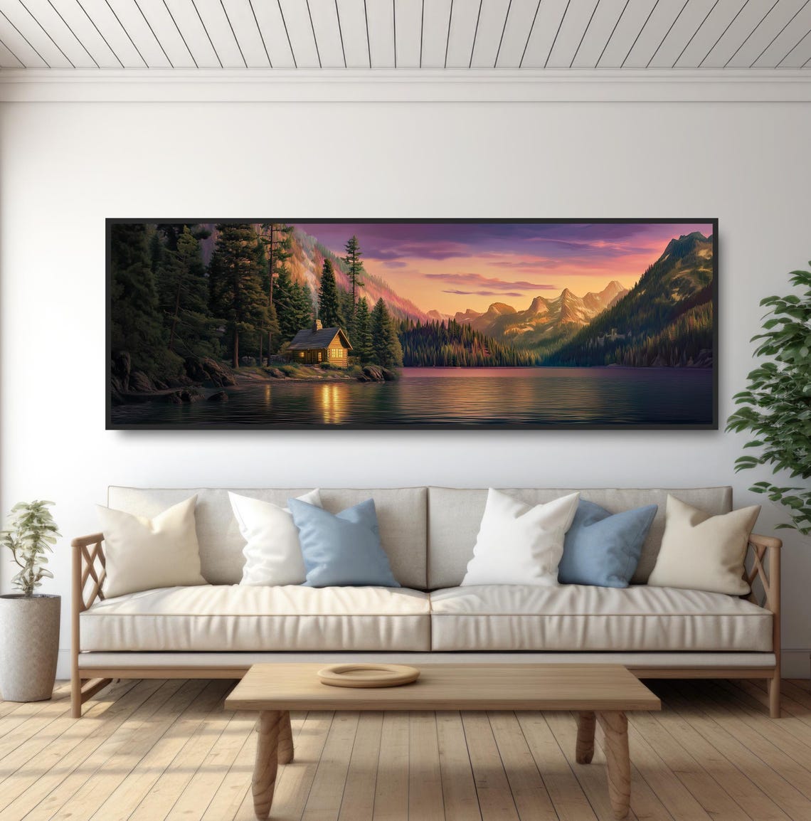 Lakeside Log Cabin Sunset Mountain Lake Panoramic Golden Sky Poster - Image 5