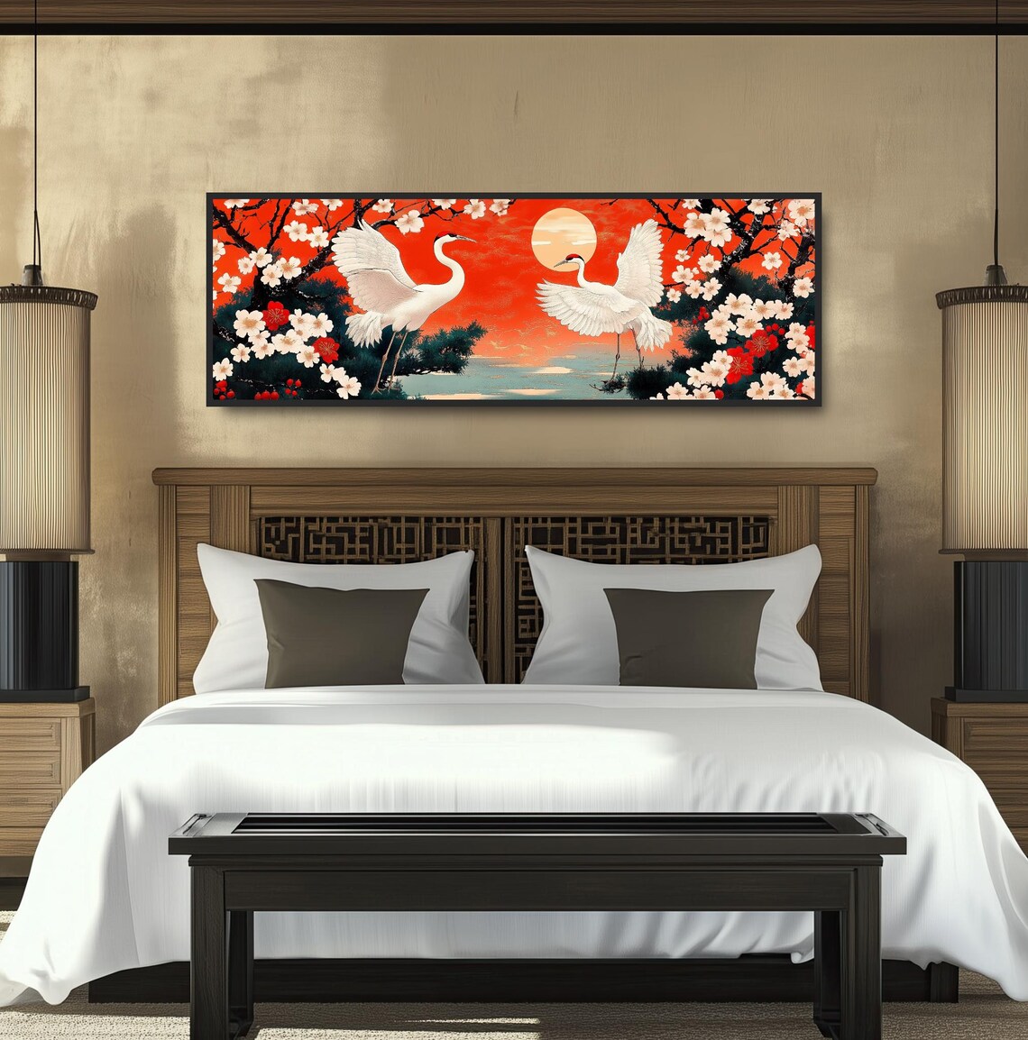 Japanese Cranes Red Sunset Painting Cherry Blossom Birds Print - Image 4