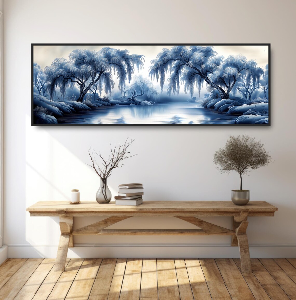 Willow Trees Frozen Lake Blue Chinoiserie Winter Scene Wall Print - Image 2
