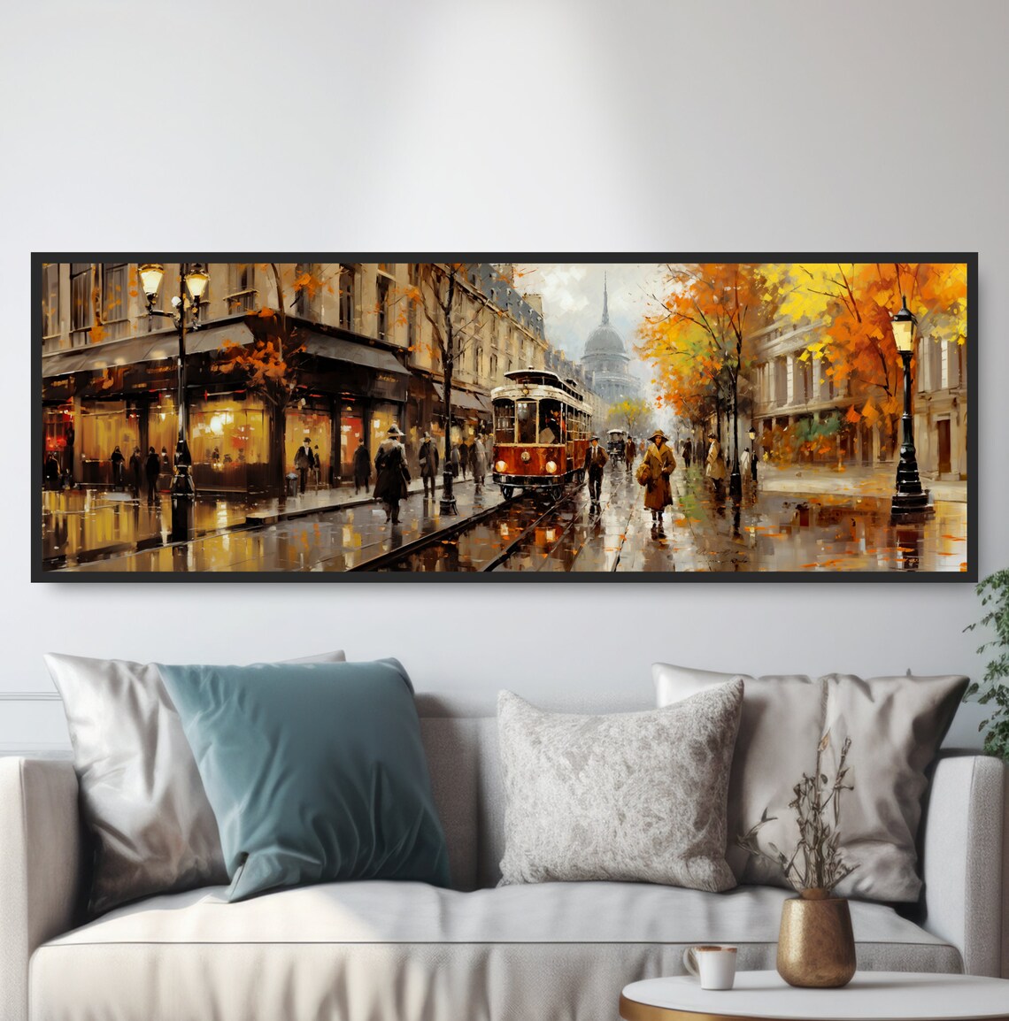 European Tram Street Scene, Vintage Travel Poster
