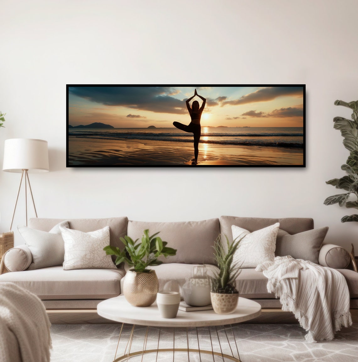 Beach Yoga Tree Pose Sunrise Silhouette Golden Ocean Panoramic Poster - Image 5