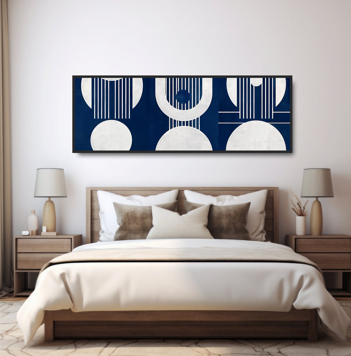 Navy Blue White Geometric Abstract Arches Stripes Retro Wall Poster - Image 4