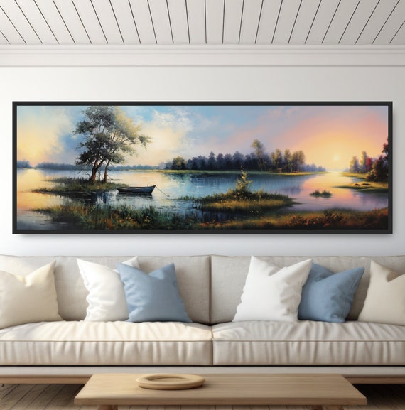 Serene Lake Sunset Painting Wooden Rowboat Panoramic Landscape Art Peaceful Tranquil Calm Lakeside Sunrise Countryside Prairiecore Decor