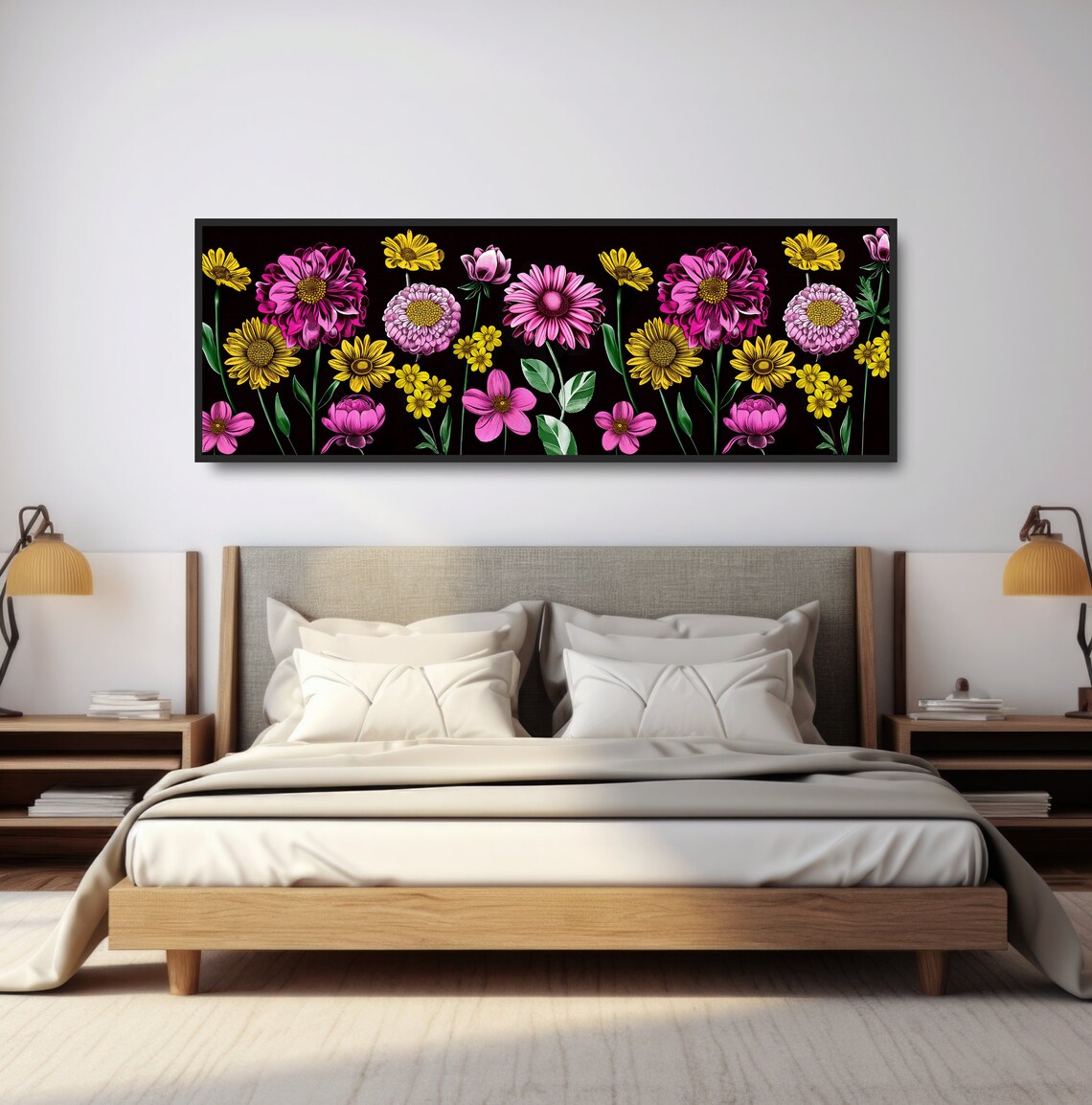 Pink Yellow Flowers Black Background Watercolor Floral Art Poster - Image 4