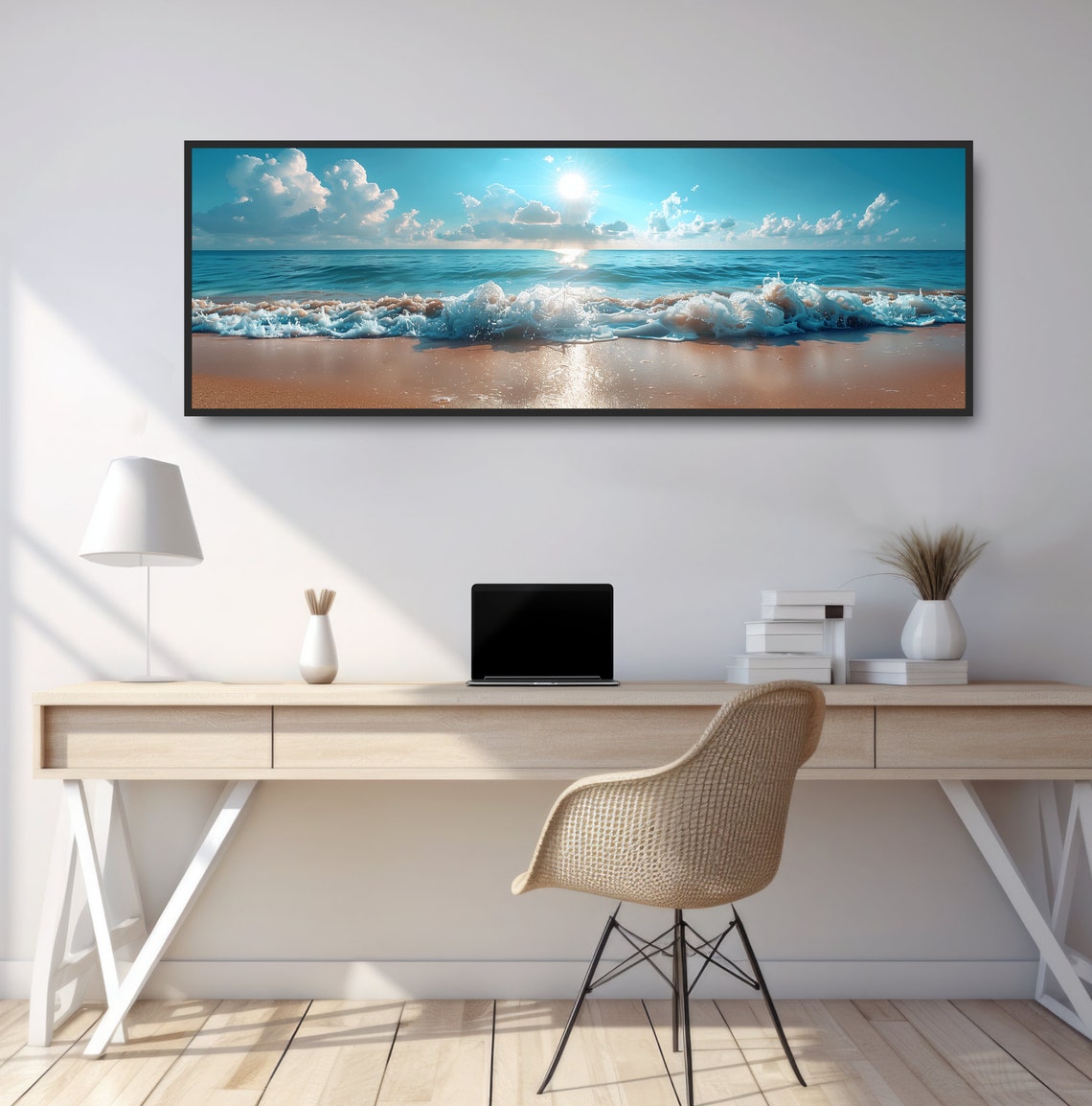 Beach Shoreline Sun Reflections Photograph Tropical Coastal Decor Blue Sky Waves Sand Clouds Shoreline Wall Art Panoramic Beachscape Photo - Image 4