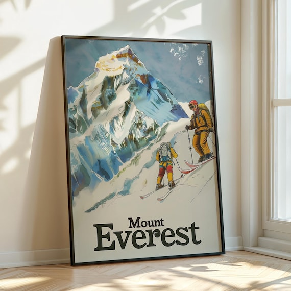 Mount Everest Climbers on Snowy Peak Vintage Adventure Travel Poster