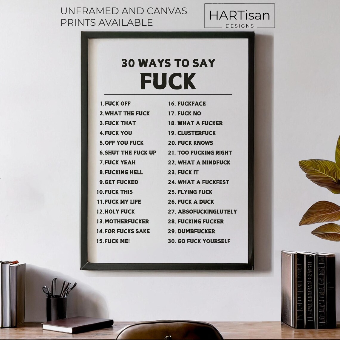 30 Ways To Say Fuck Numbered List Black And White Swear Word Poster