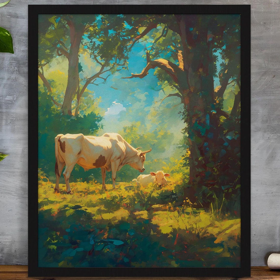 White Cow and Calf Resting in a Sunlit Forest Clearing Poster