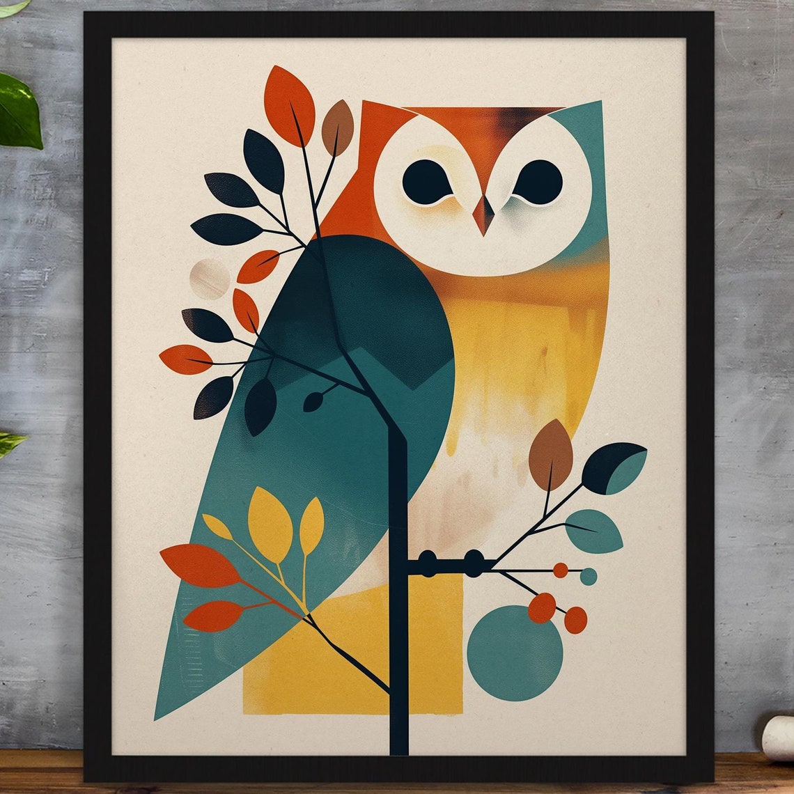 Geometric Mid-Century Owl on a Branch with Autumn Leaves Poster