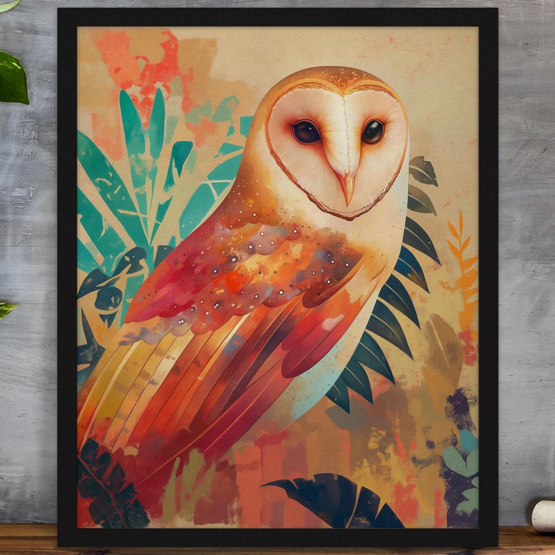 Stylized Barn Owl in Warm Sunset Tones with Tropical Leaves Poster
