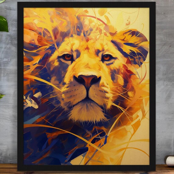 Fierce Golden Lion Face in Dynamic Blue and Gold Strokes Poster