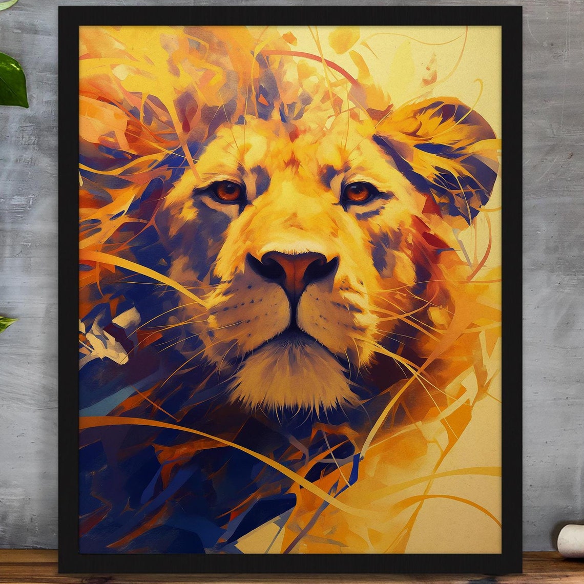 Fierce Golden Lion Face in Dynamic Blue and Gold Strokes Poster