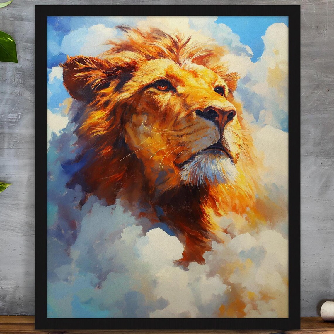 Majestic Golden Lion Looking Skyward Through Blue Clouds Oil Style Poster