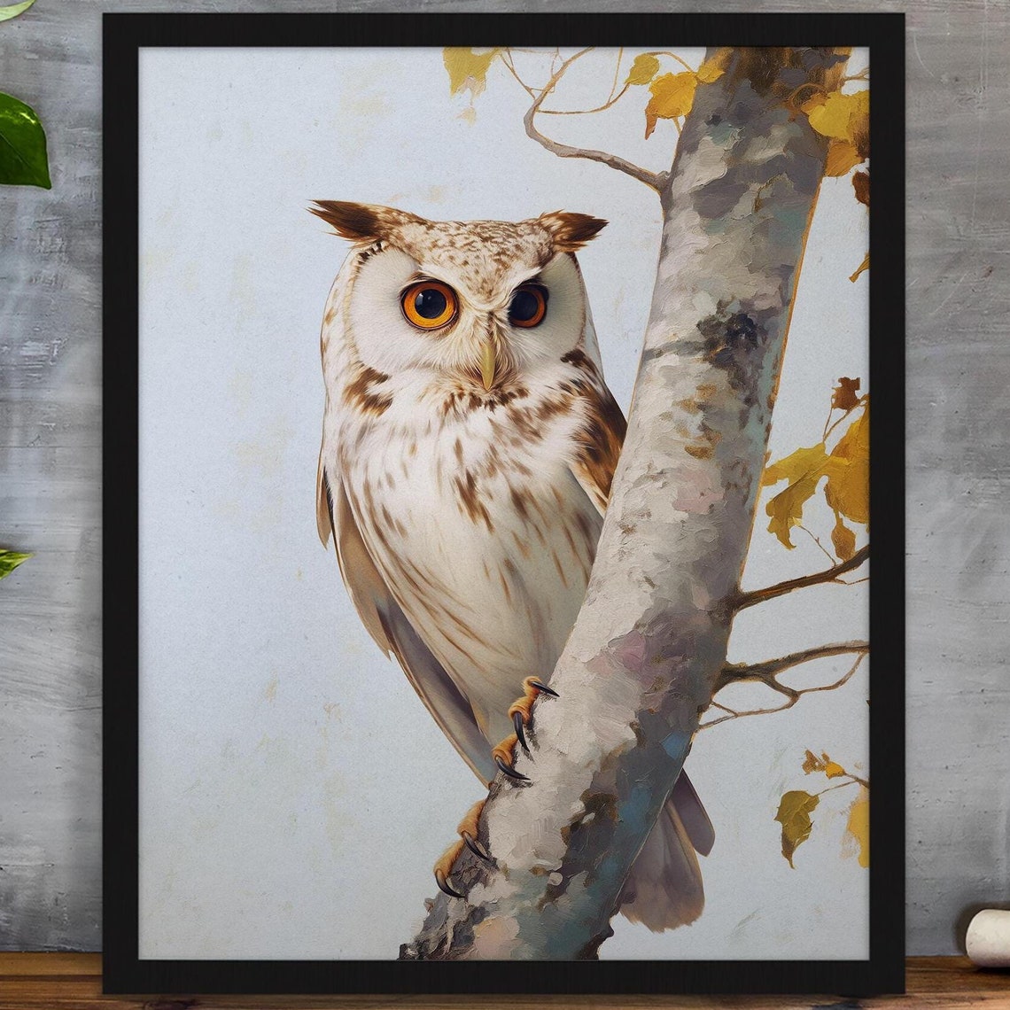 White Owl Perched on a Birch Branch with Autumn Leaves Poster