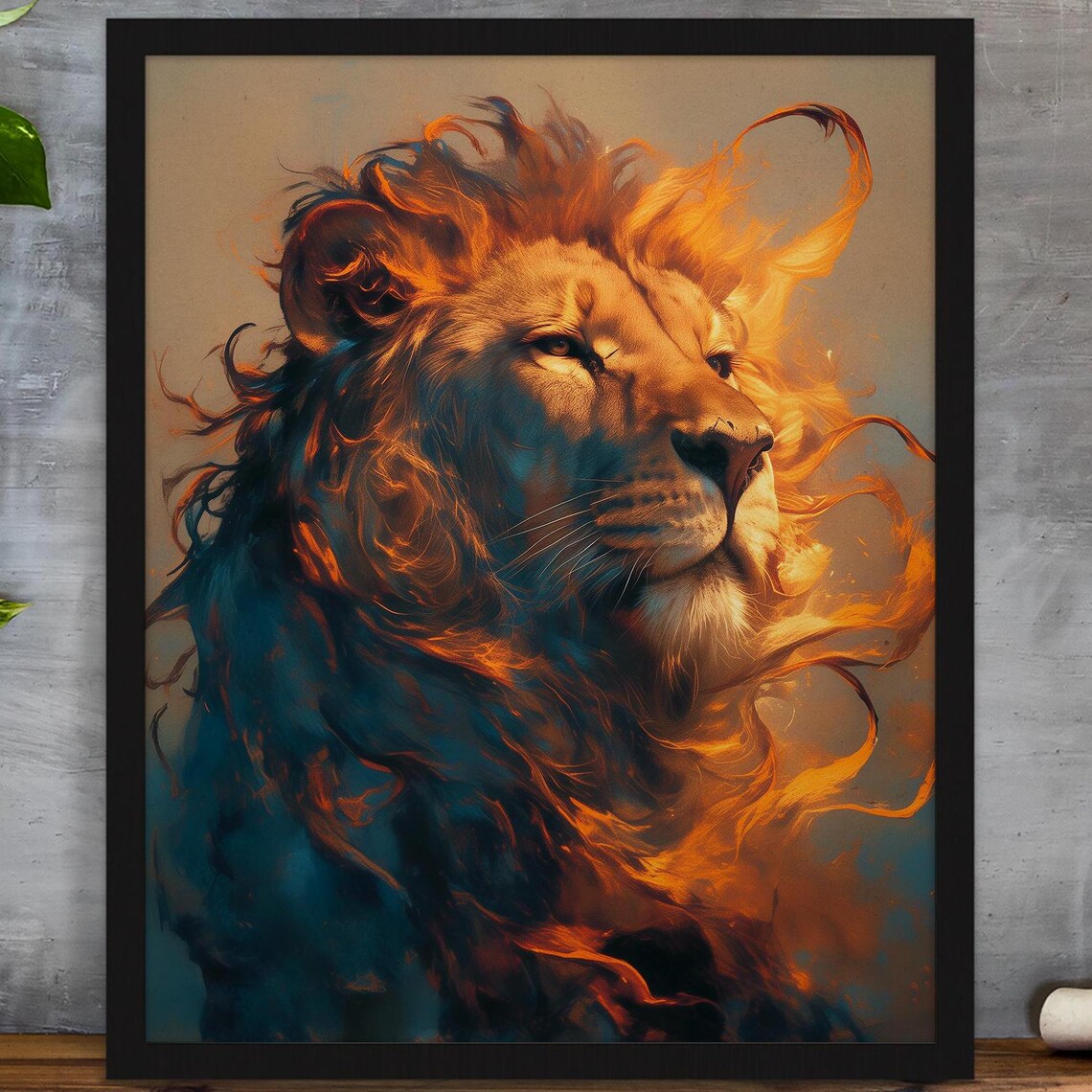 Regal Lion Profile with a Fiery Mane in Teal and Amber Poster