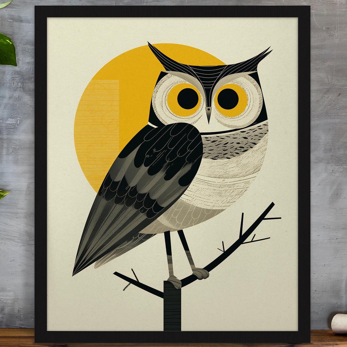 Retro Geometric Owl Perched on a Branch Under a Golden Sun Poster