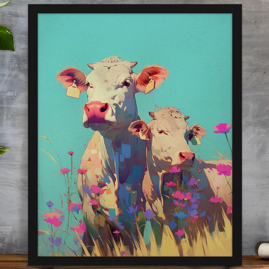 Two White Cows Among Pink Wildflowers Under a Turquoise Sky Art Poster
