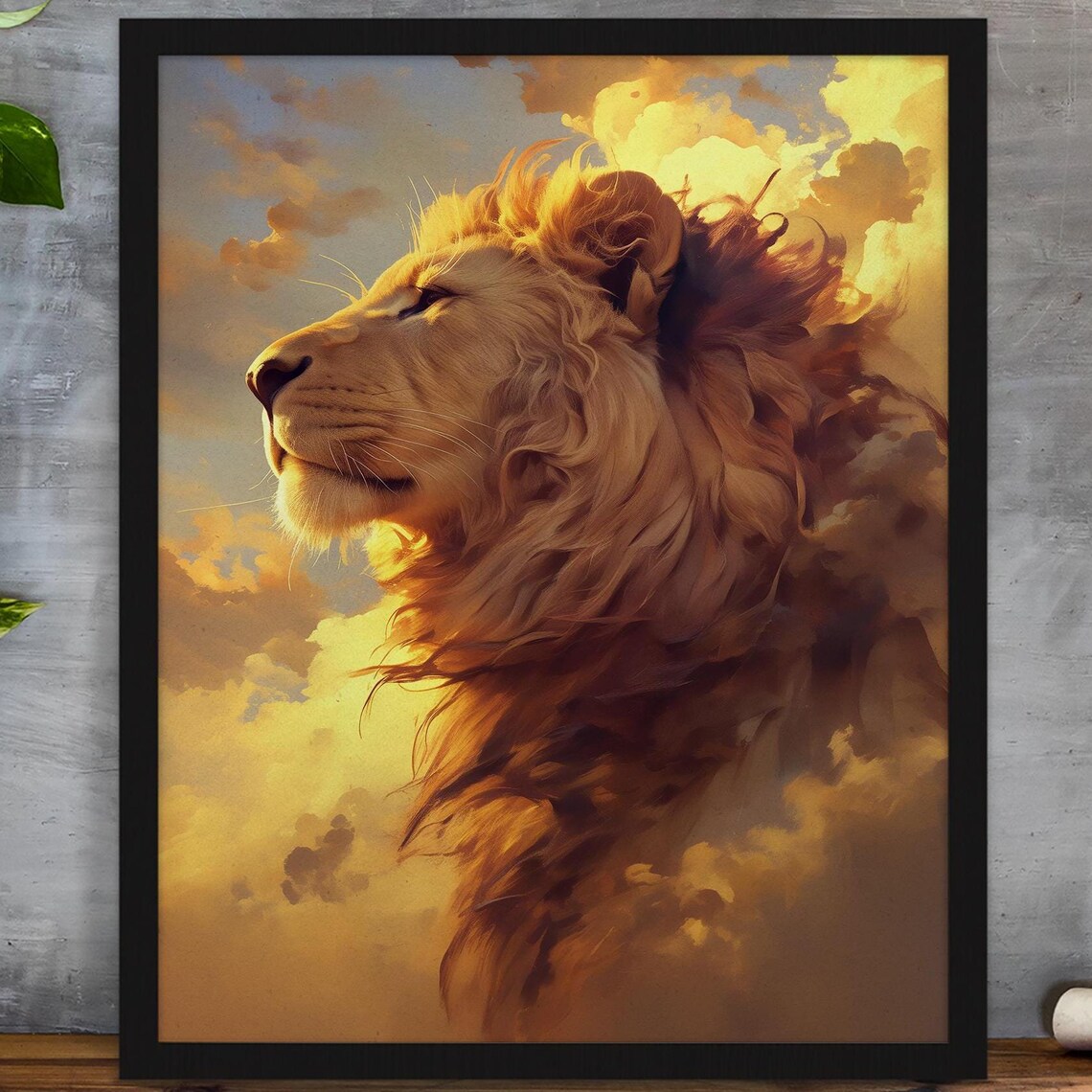 Lion in Profile Against Golden Sunset Clouds Painted Wildlife Poster - Image 5
