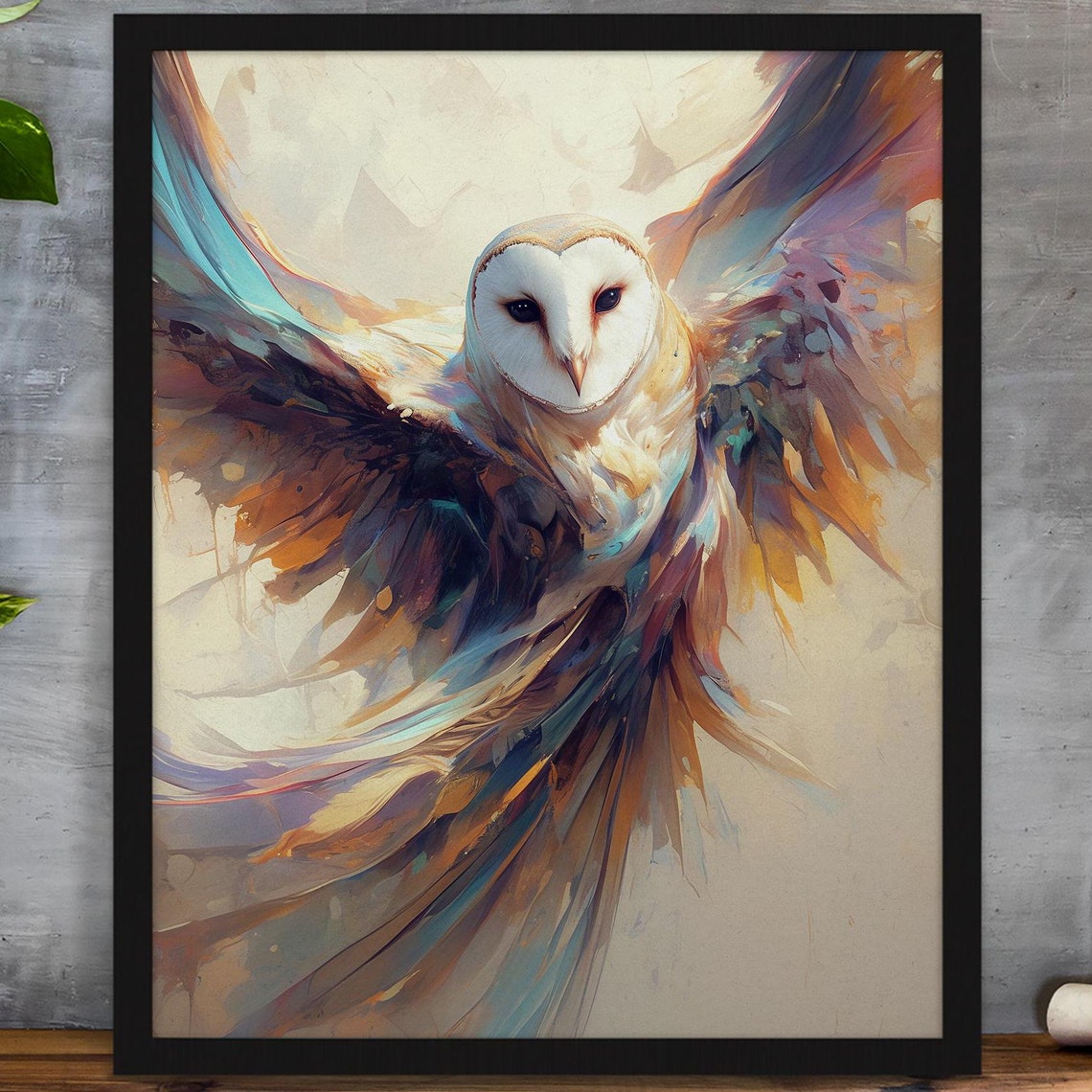 Soaring Barn Owl in Flight with Sweeping Abstract Wings Poster