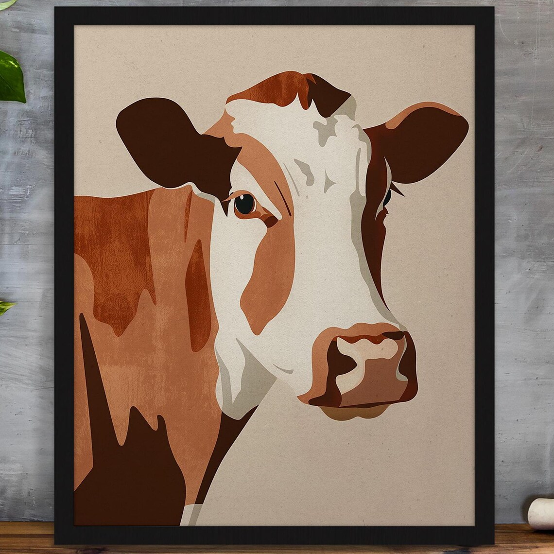 Modern Flat-Style Illustrated Cow Portrait in Warm Brown Tones Poster