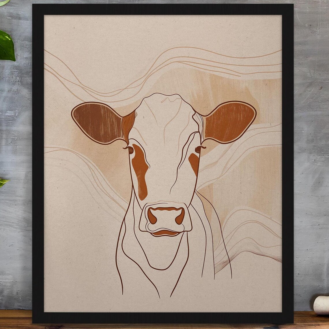Terracotta Line Drawing of a Cow on a Warm Beige Canvas Poster