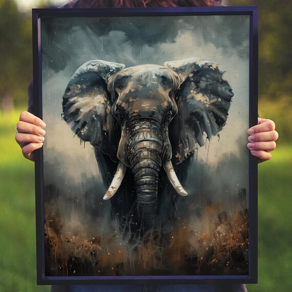 Elephant Portrait Gray Watercolor Moody Dramatic Wildlife Art Poster