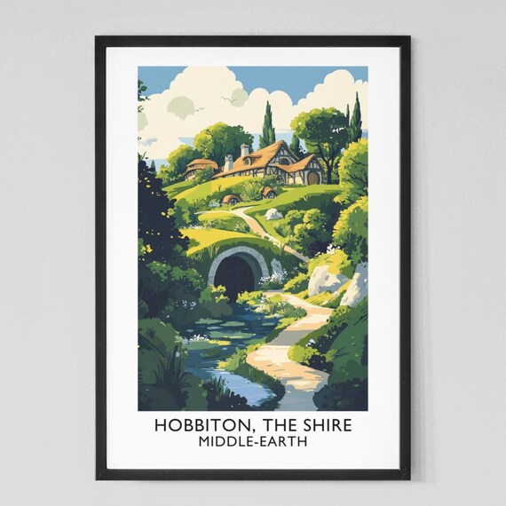 Hobbiton The Shire Middle Earth Round Door Cottage Bridge Vintage Poster