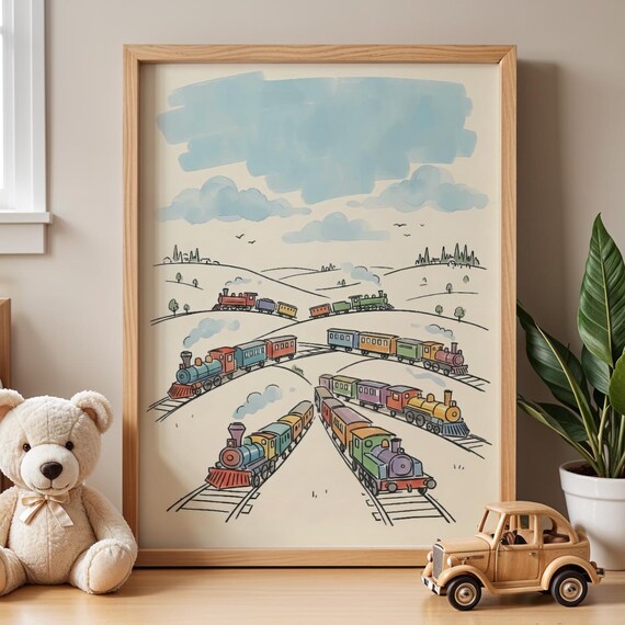 Colorful Toy Trains Rolling Through the Hills Nursery Wall Art