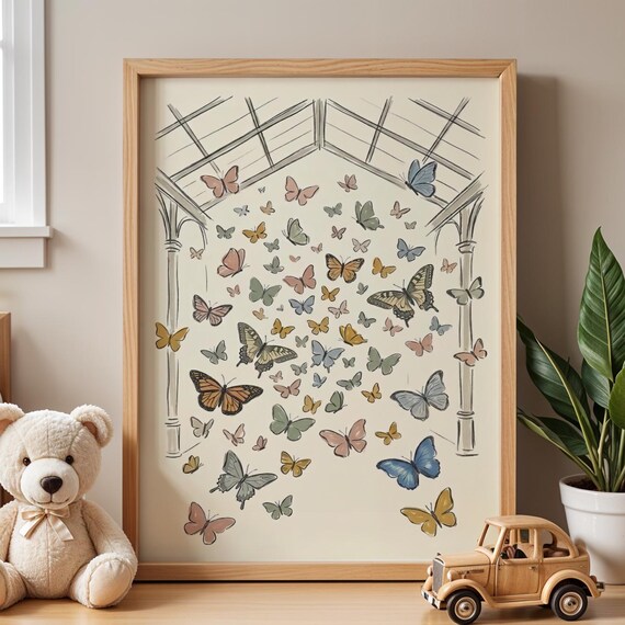 Vintage Butterflies in a Glass Conservatory Botanical Nursery Print