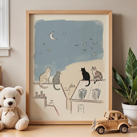 Moonlit Parisian Cats on Rooftops Sketch Style Cozy Night Wall Art