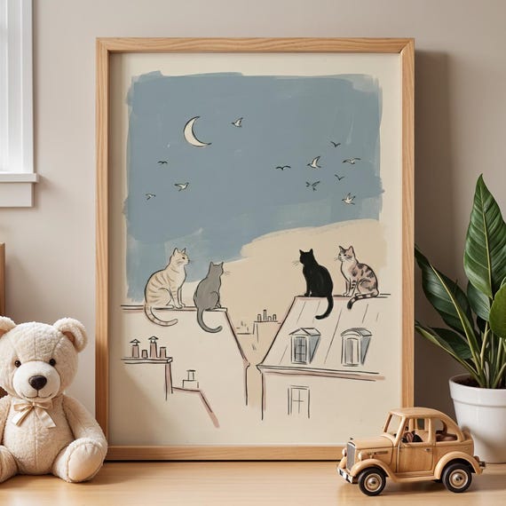 Parisian Cats On Rooftop Art Print Moonlit Night Cat Cottagecore Girls Room Painting Whimsical Folk Nursery Decor Storybook Kitty Poster
