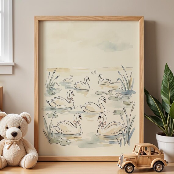 Whimsical Swans Pond Watercolor Nursery Girls Room Art Poster
