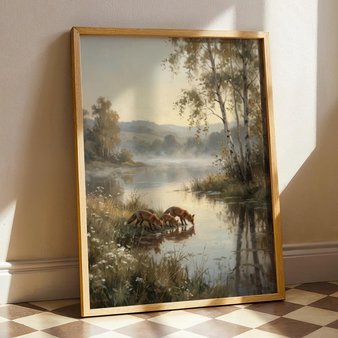 Vintage Fox Family Painting, Misty Forest Landscape Poster
