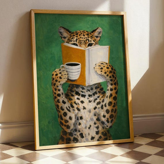 Emerald Leopard Reading Printable Abstract Modern Wild Animal Poster Kitchen Decor Bookish Illustration Digital Download