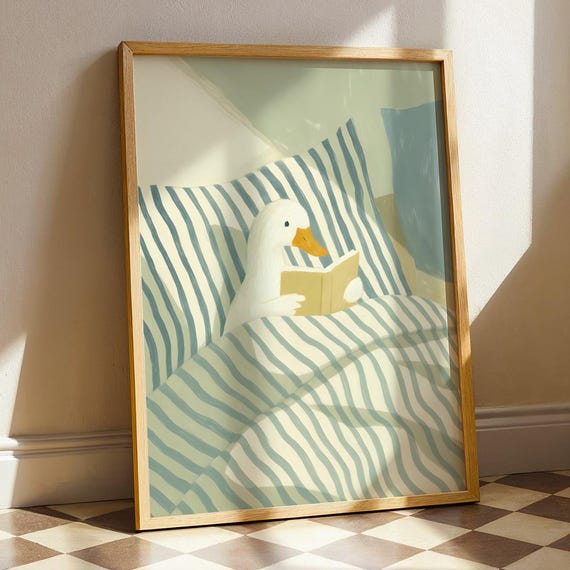 Duck Reading Book In Bed Print Cosy Bedroom Paint Lover Goose Illustration Nook Poster Bookish Artwork Retro Bookshelf Decor