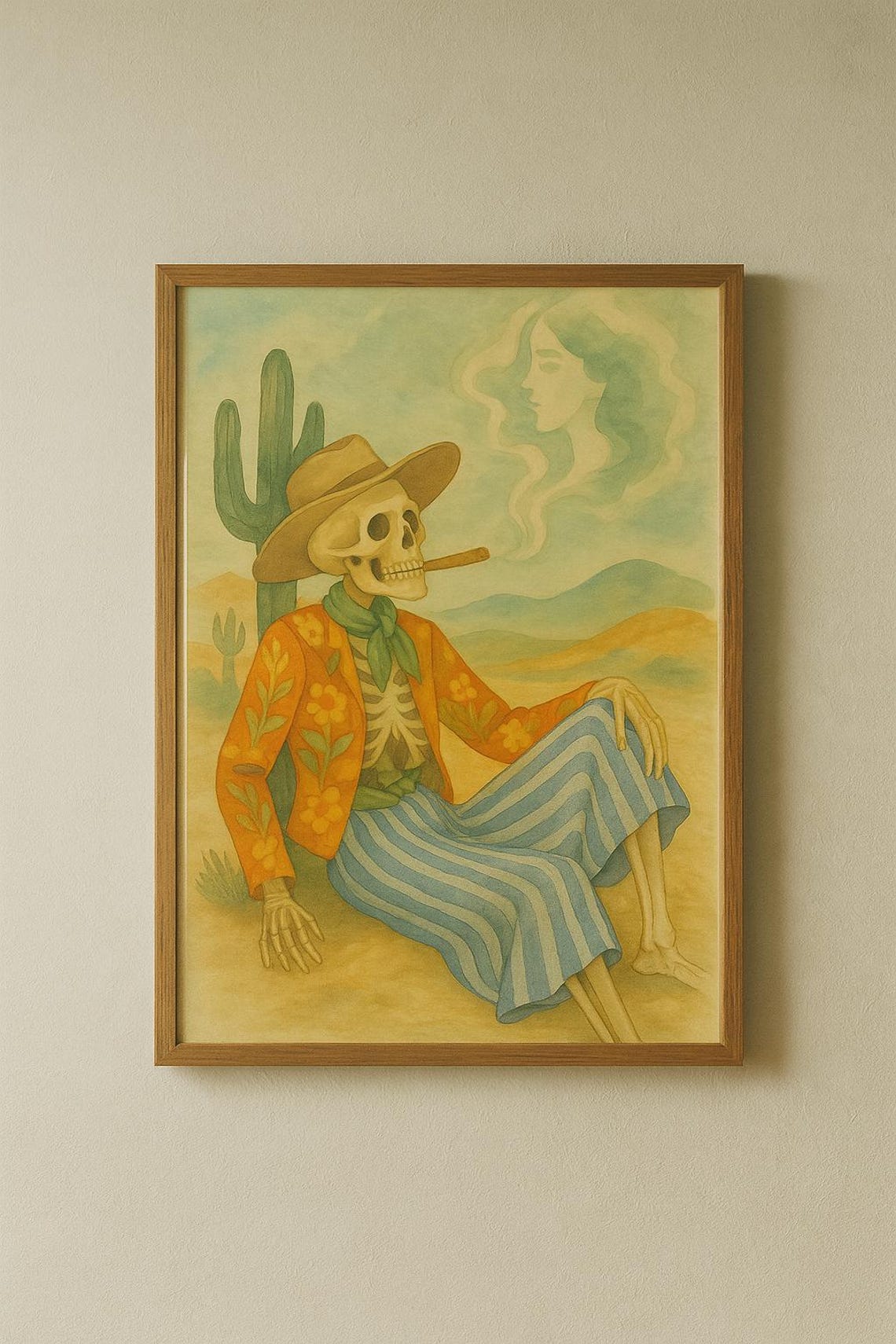 Skeleton Cowboy Smoking Cigar Western Desert Watercolor Art Print