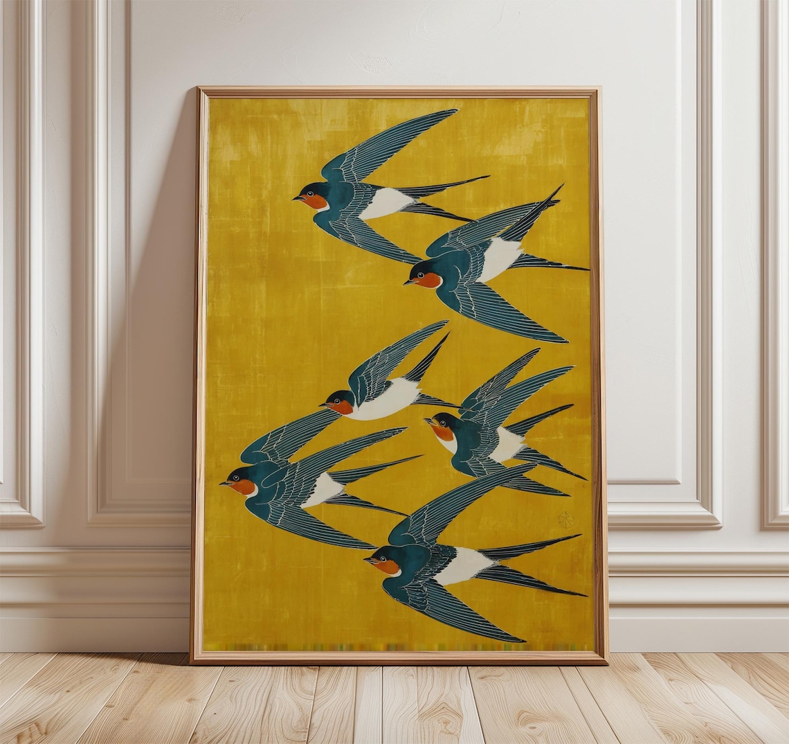 Swallow Birds Japanese Art Print, Yellow Blue Wall