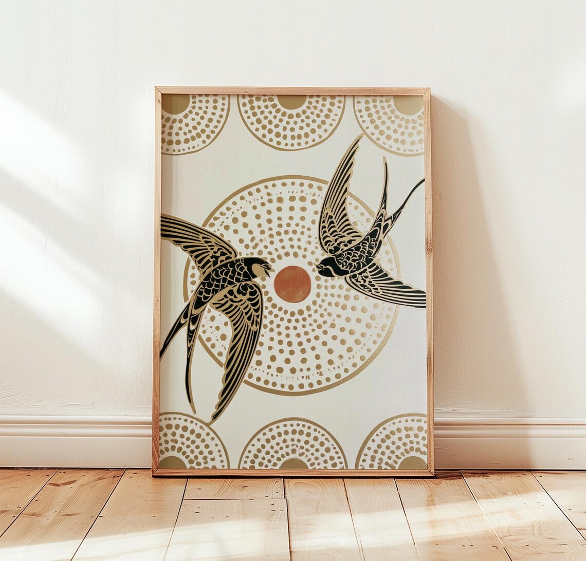 Neutral Swallow Art Print, Gold Bird Risograph