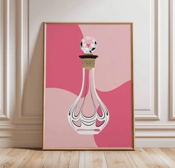 Perfume Bottle Poster Pink Glam Wall Art Stylish Vanity Decor Print Feminine Bathroom Artwork Luxury Fragrance Illustration