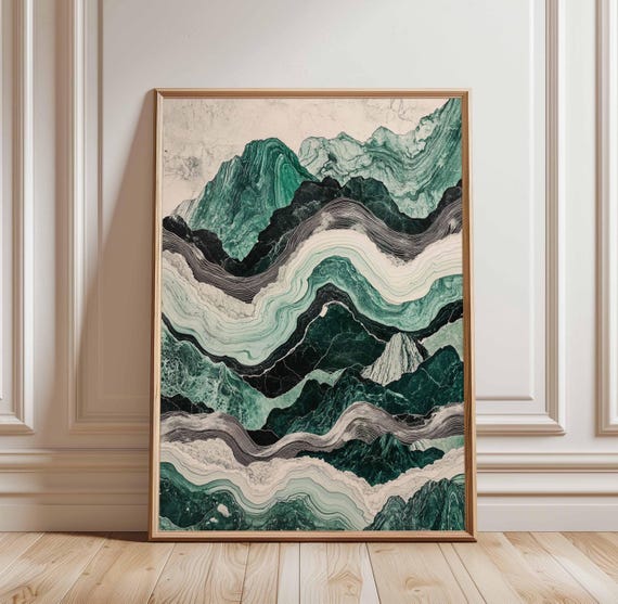 Abstract Mountain Landscape Poster Green And Black Marble Art Print Modern Nature Wall Geometric Design