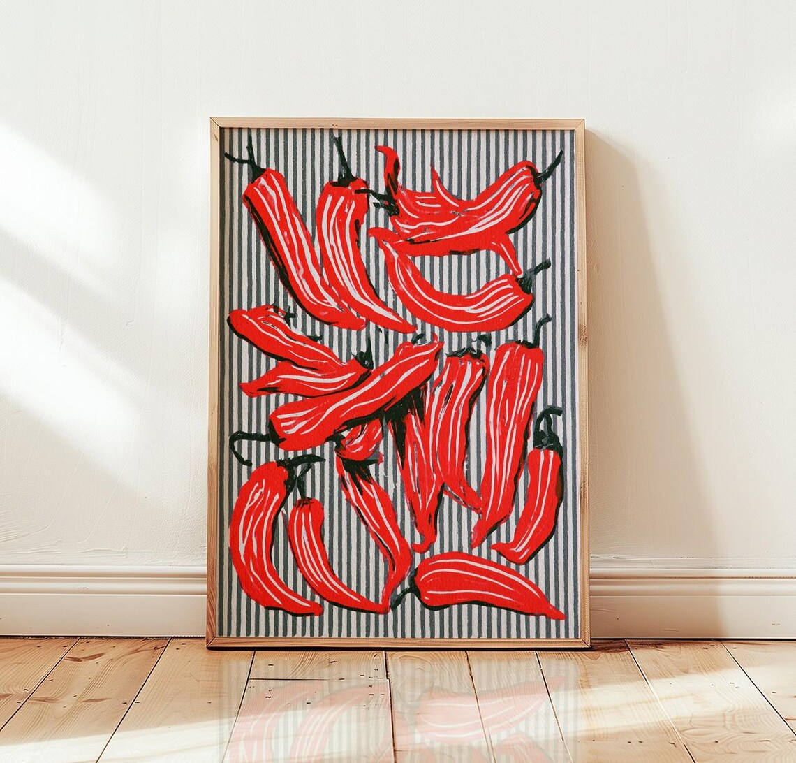 Red Chili Pepper Botanical Linocut, Kitchen Decor