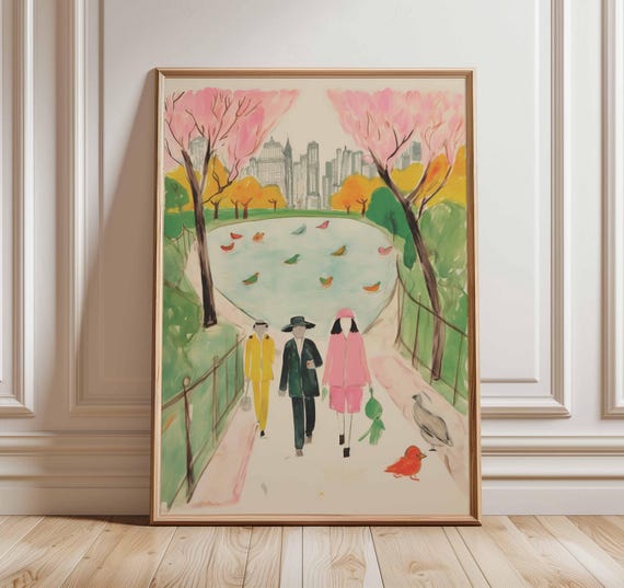 City Park Poster Modern Art Print Colorful Wall With People And Birds Contemporary Illustration Urban Landscape Home Decor